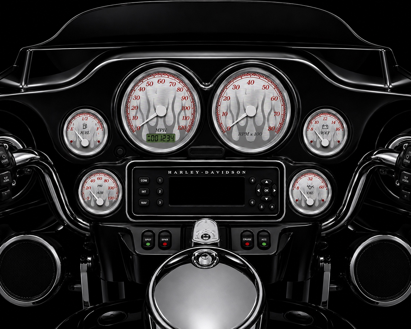 2004 to 2006 Bagger six-gauge set with etched flame faceplates