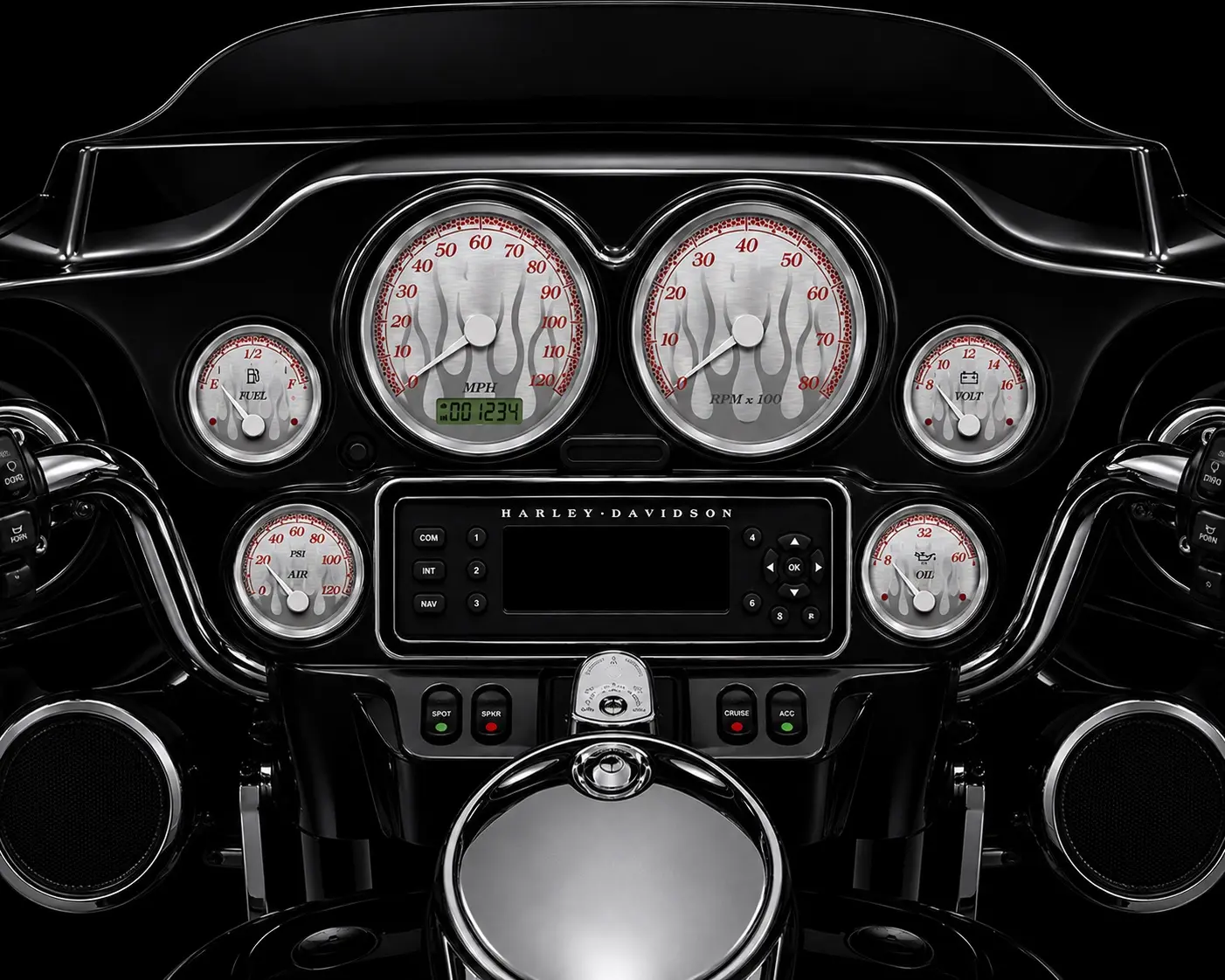 2004 to 2006 Bagger six-gauge set with etched flame faceplates
