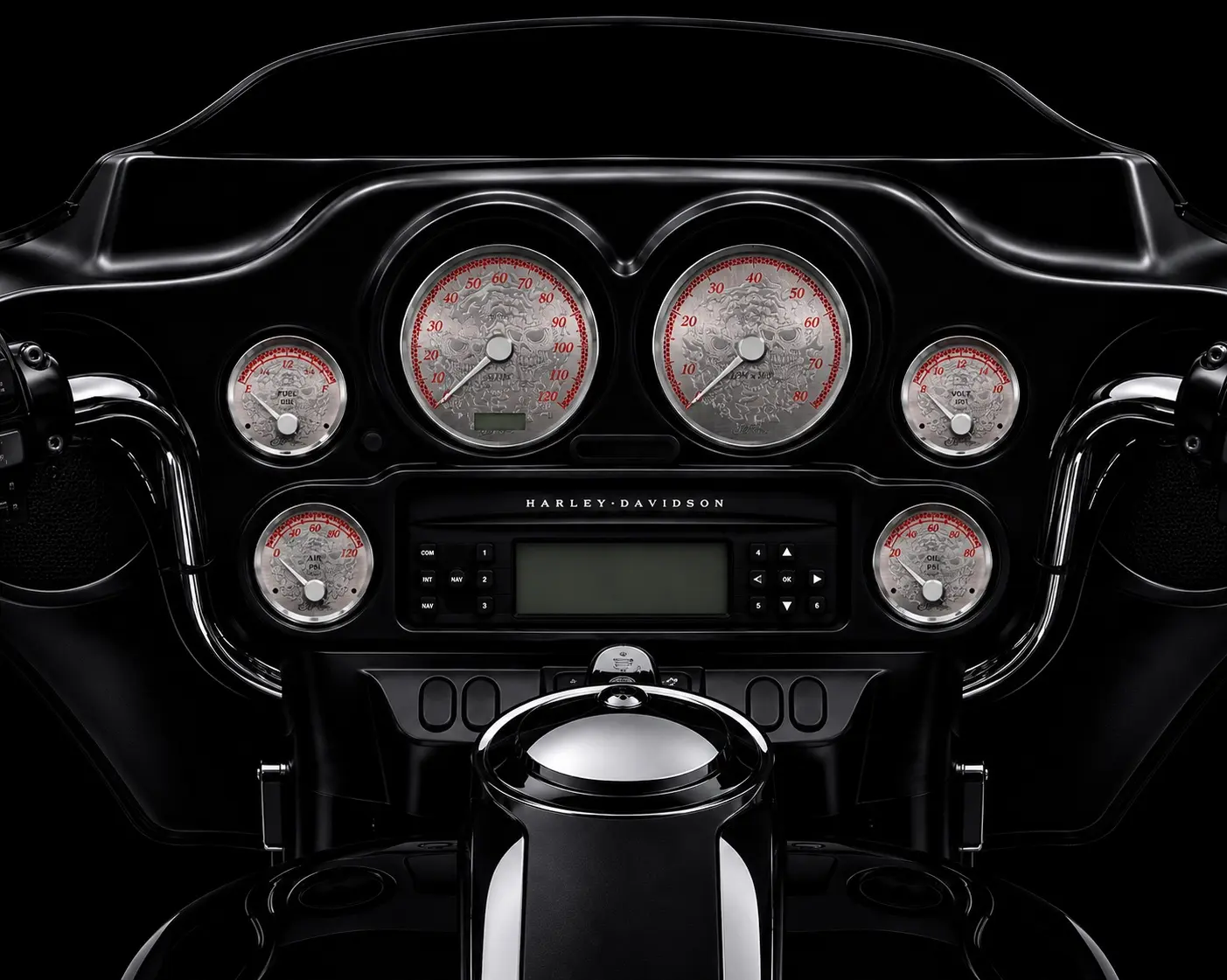 2000 to 2003 Bagger six-gauge set with etched skull faceplates