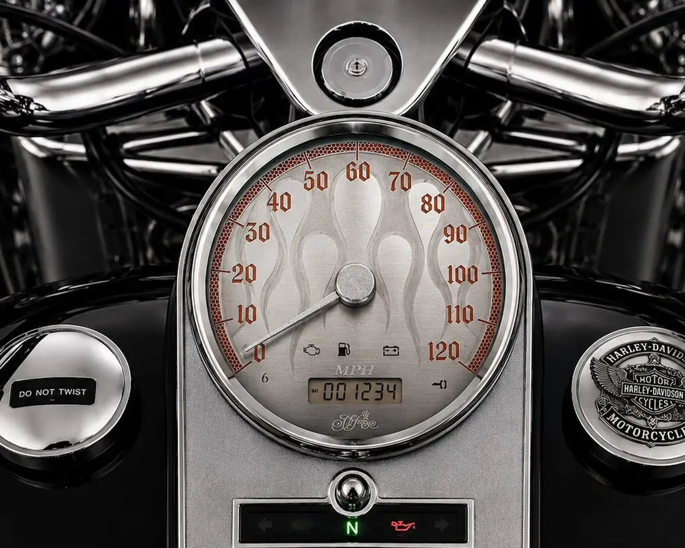 Etched Flames Road King and Softail gauge installed on motorcycle