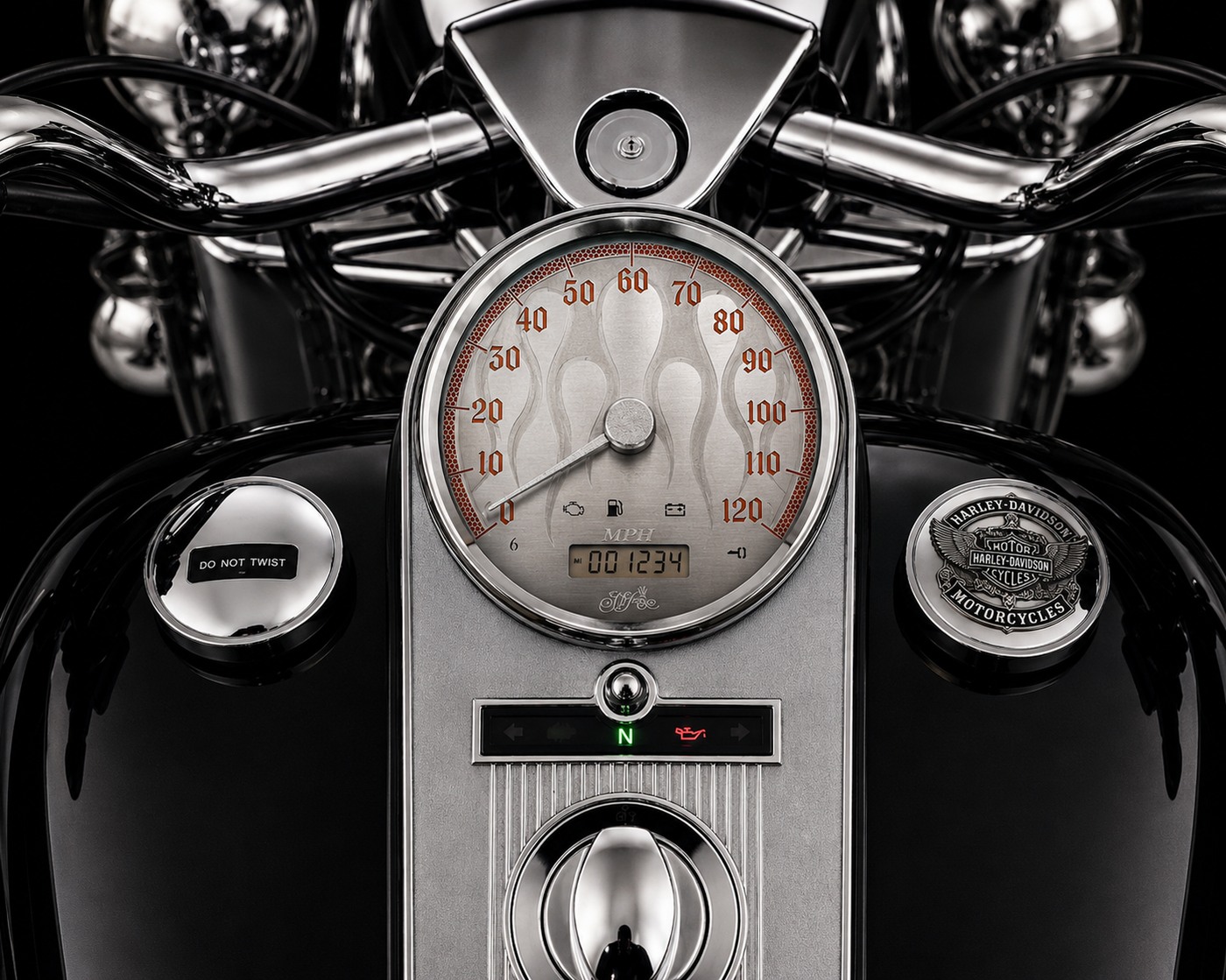 Etched Flames Road King and Softail gauge installed on motorcycle