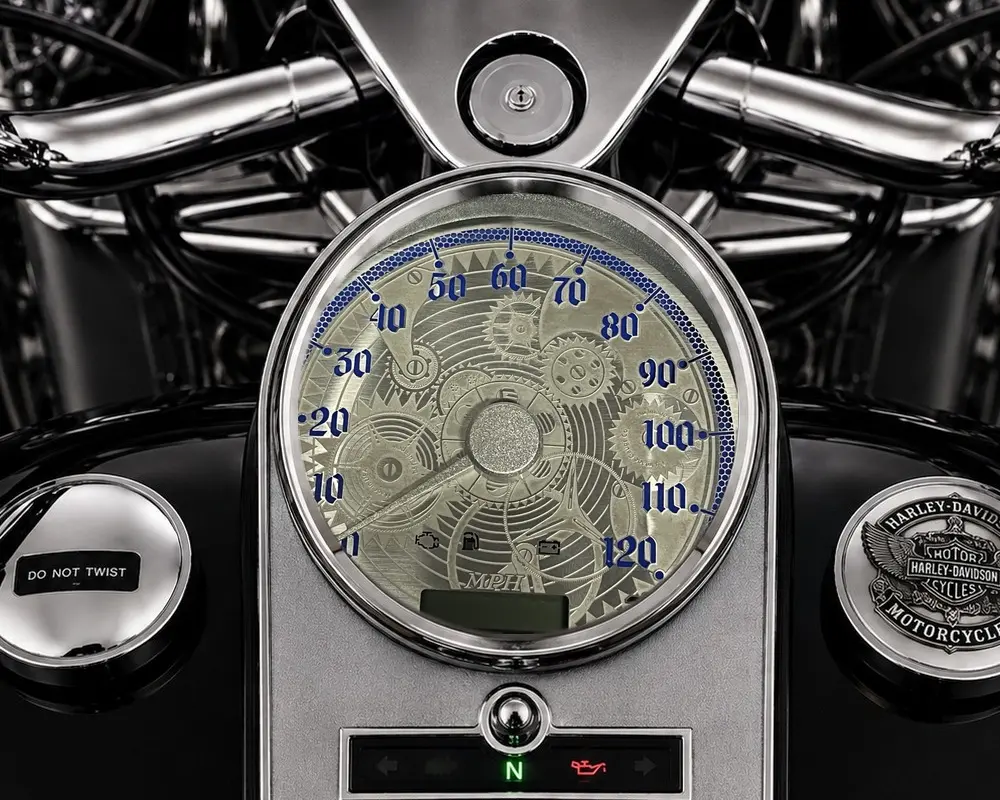 Etched Mechanical brushed stainless Road King and Softail gauge