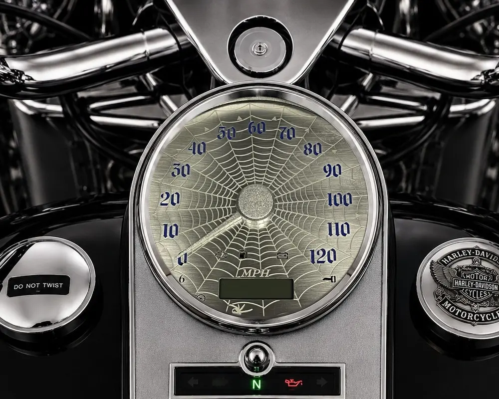 Etched Spider Web brushed stainless Road King and Softail gauge