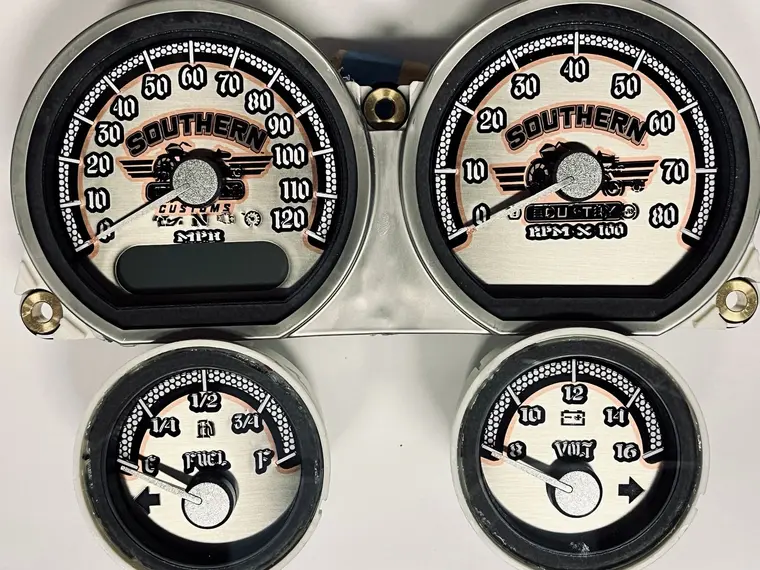 Southern Customs brushed metal Harley gauge set