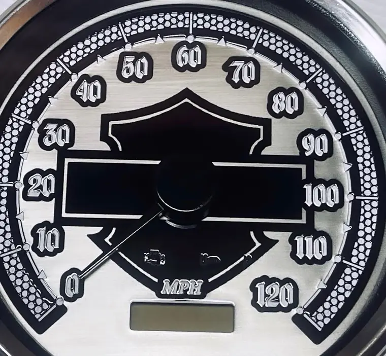 Black and brushed metal custom Harley speedometer