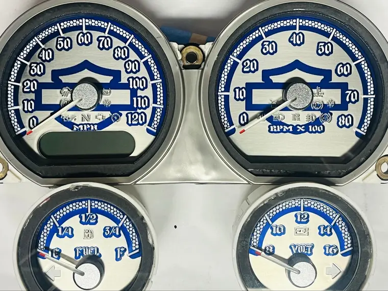 Blue and silver custom Harley bagger gauge set