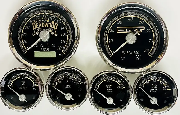 Deadwood Customs black and gold Harley gauge set
