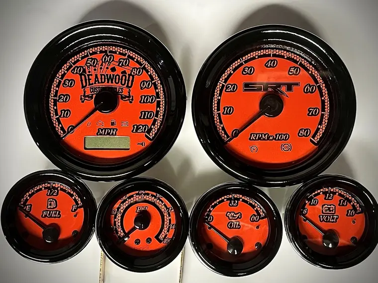 Orange illuminated Deadwood custom Harley gauge set