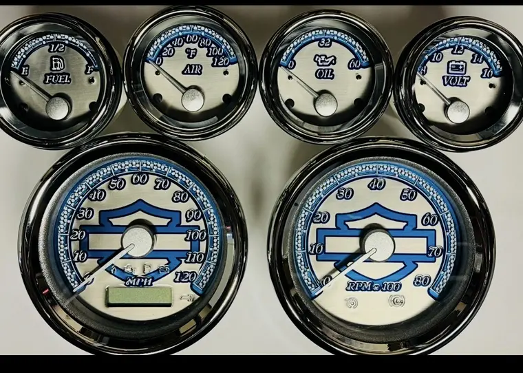 Blue and brushed silver custom Harley six gauge set