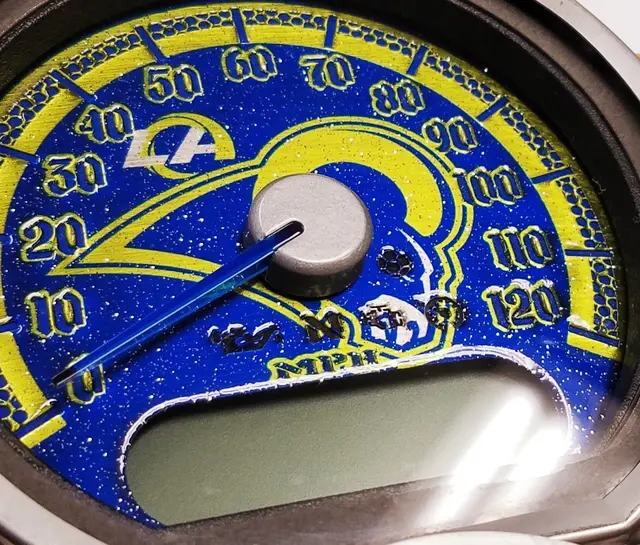 Blue and gold custom Harley speedometer gauge face